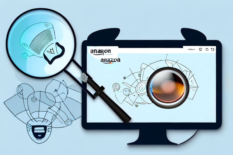 A computer screen displaying an amazon product page with a magnifying glass hovering over the product details section