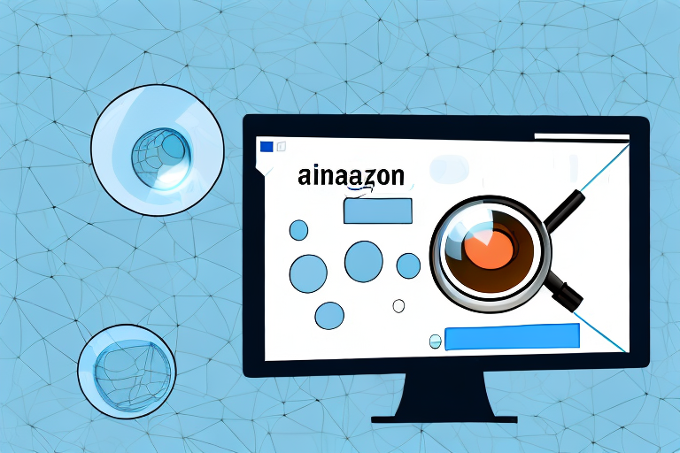 A computer screen displaying an amazon product page with a magnifying glass focusing on the product details section