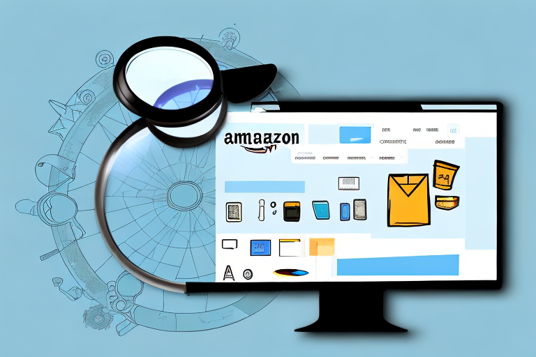 A computer screen displaying an amazon product page with a magnifying glass hovering over the product details section