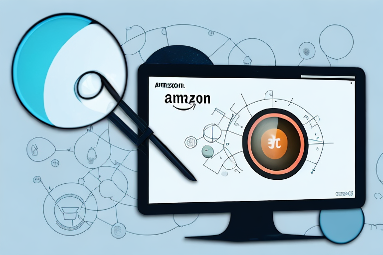 A computer screen displaying an amazon product page with a magnifying glass hovering over the product details