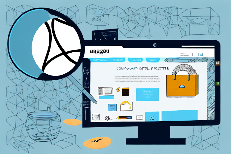 A computer screen showing an amazon product page with a magnifying glass hovering over the product details section where the asin is typically located