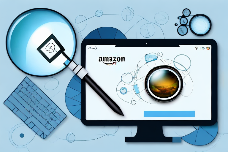 A computer screen displaying an amazon product page with a magnifying glass highlighting the product asin section