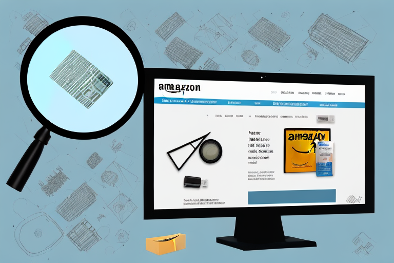 A computer screen displaying an amazon product page with a magnifying glass highlighting the product details section where the asin number is typically located