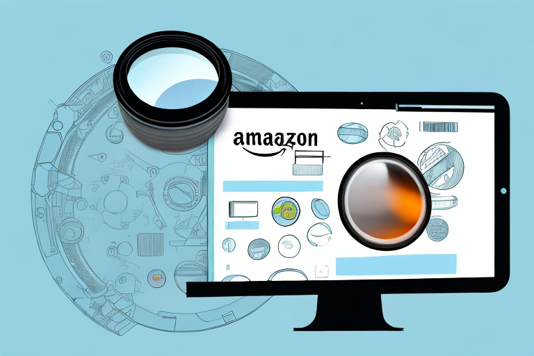 A computer screen displaying an amazon product page with a magnifying glass hovering over the asin section