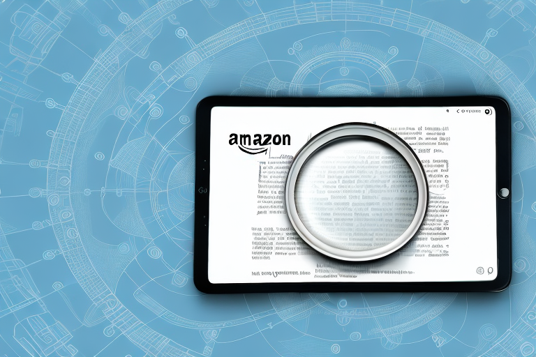 A magnifying glass hovering over a digital tablet displaying an amazon product page