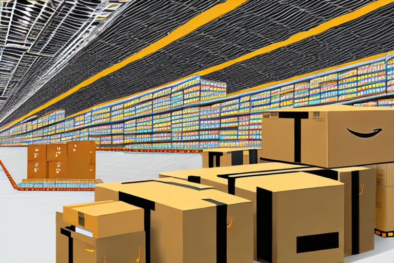 A warehouse with amazon boxes being loaded onto a conveyor belt