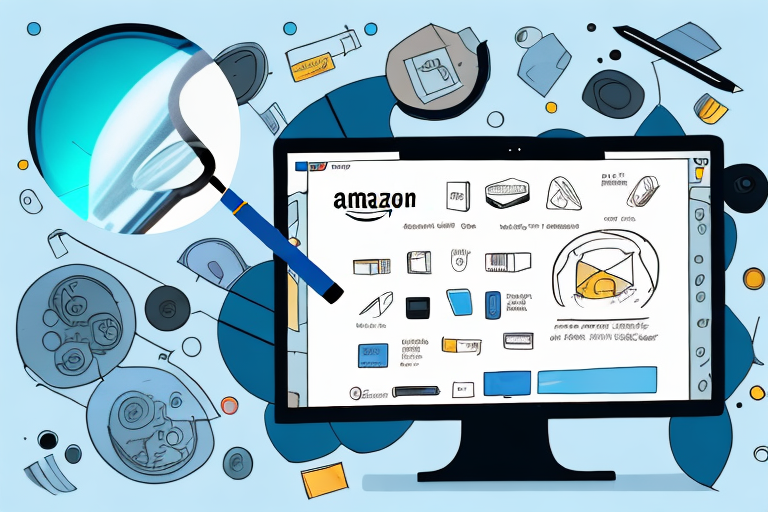 An amazon product page on a computer screen with a magnifying glass highlighting the product details section where the asin is typically located