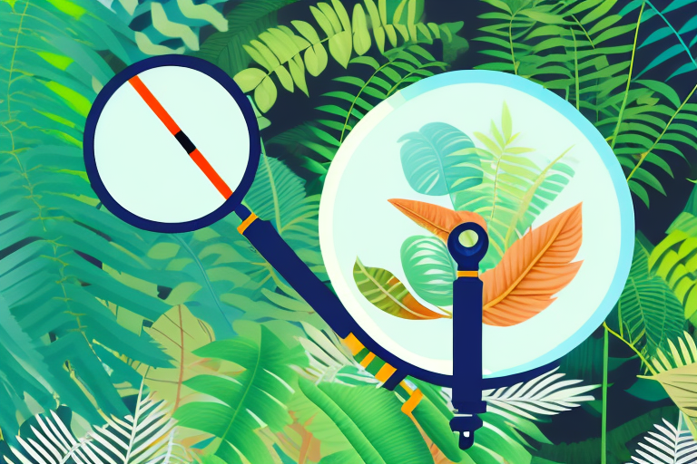 A magnifying glass hovering over a stylized amazon jungle