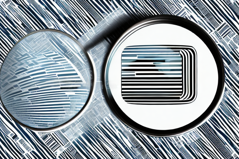A barcode magnified under a stylized magnifying glass with an amazon shipping box in the background