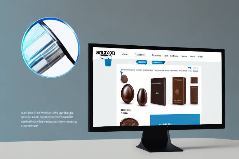 A computer screen displaying an amazon product page with a magnifying glass hovering over it