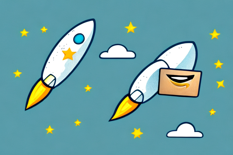 A rocket ship launching from a box with amazon's signature smile