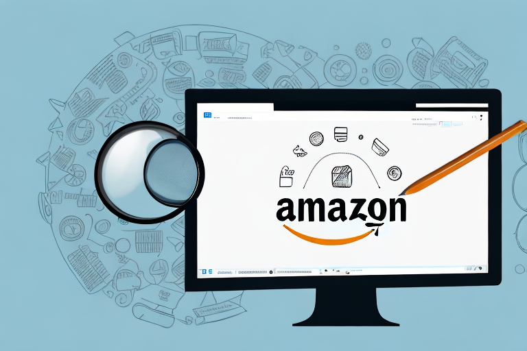 A computer screen displaying the amazon website with a magnifying glass hovering over a product listing