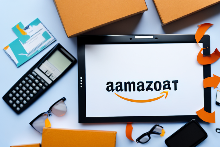 An amazon delivery box surrounded by business-themed items like a calculator