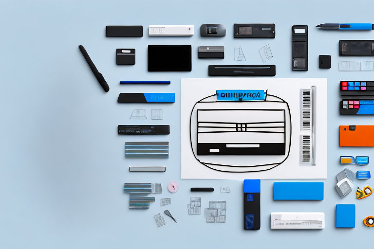 A desktop with a variety of digital tools such as a barcode scanner