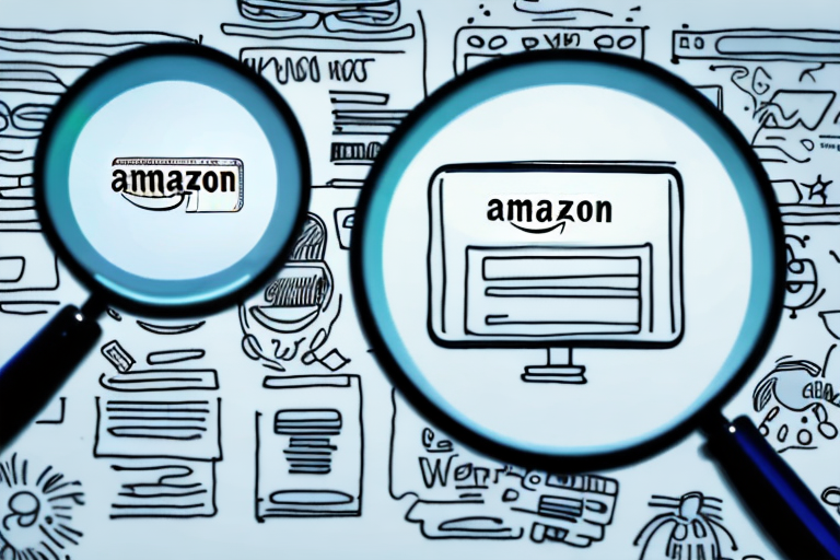 A magnifying glass hovering over a computer screen displaying various amazon product listings