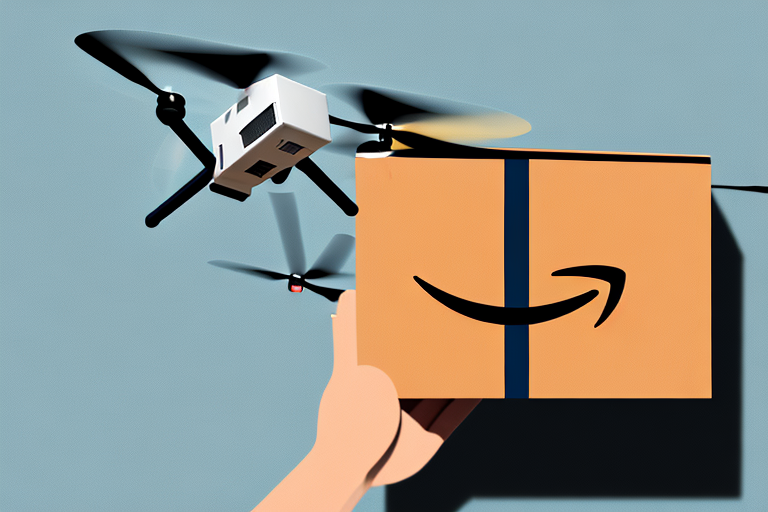 A package being delivered to a doorstep with an amazon-branded delivery drone hovering above