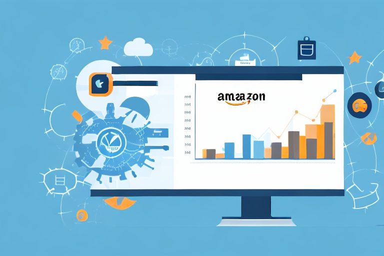 A computer screen displaying a rising sales graph and an amazon website