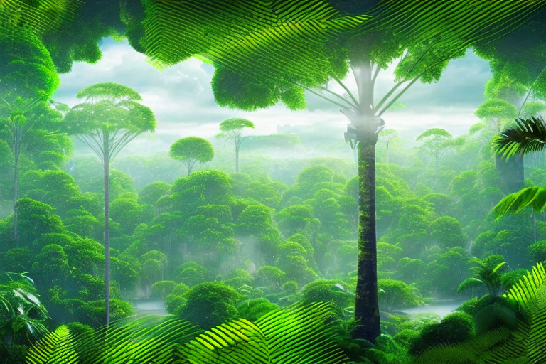 A computer with a thriving digital amazon rainforest growing out of the screen