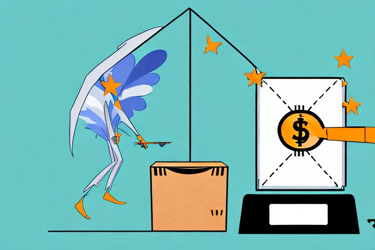 A scale balancing a box labeled with a dollar sign (representing amazon fba fees) on one side and a feather (representing the reduction of fees) on the other side