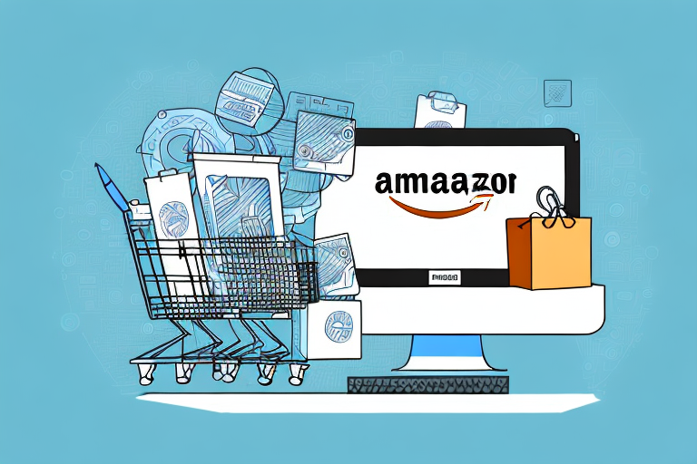 A digital software package being dropped into an amazon-branded shopping cart