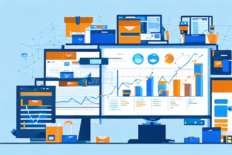 Several digital screens displaying charts and graphs