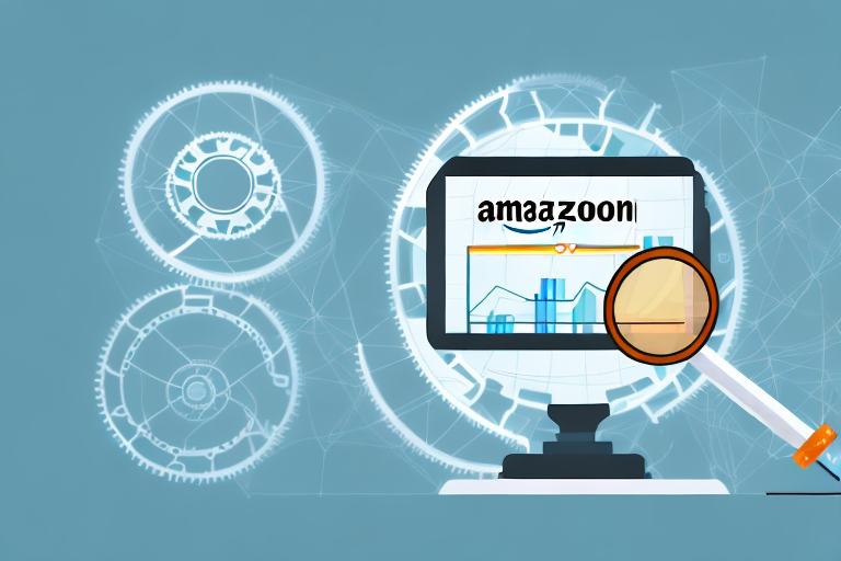 A computer screen displaying a magnifying glass hovering over a stylized representation of the amazon website