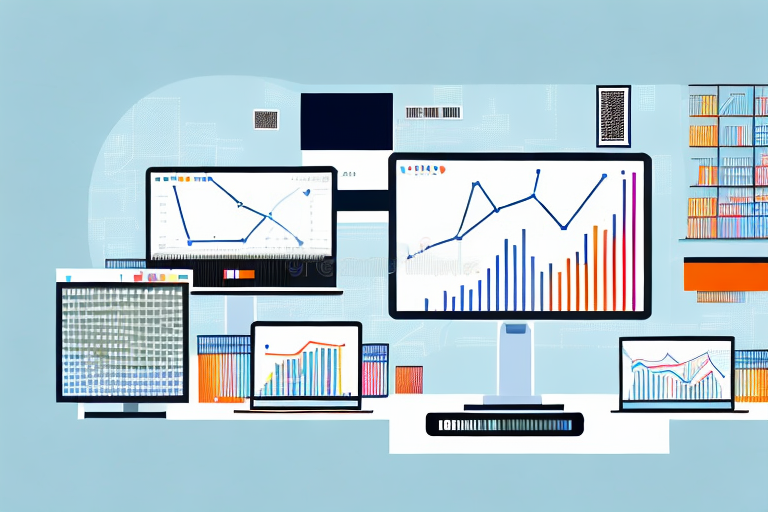 Various computer screens displaying different types of analytical graphs and charts