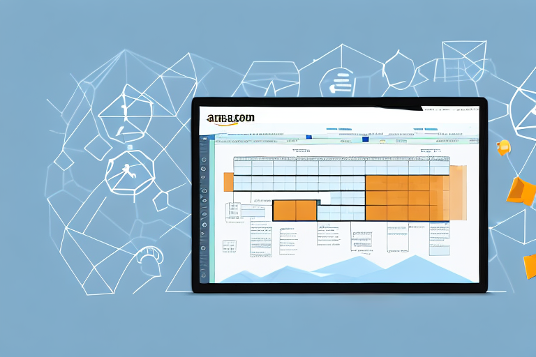 A computer displaying a business planning software interface with amazon packages and a futuristic warehouse in the background