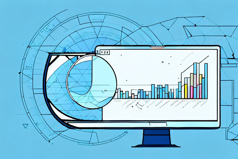 A magnifying glass hovering over a computer screen displaying graphs and charts