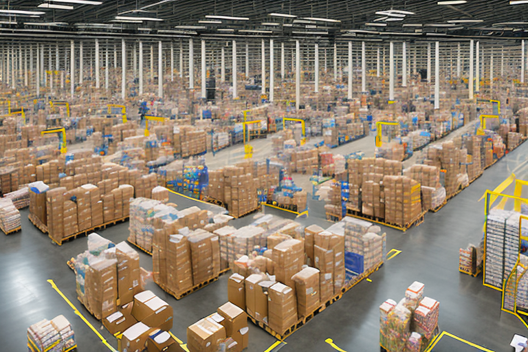 A bustling amazon warehouse filled with various products being packaged and ready for shipping