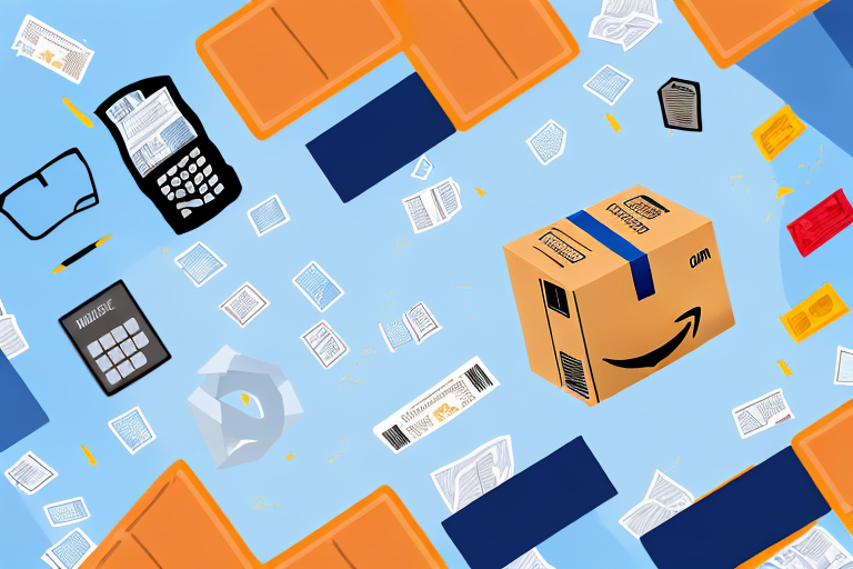 An amazon box surrounded by various tax-related items such as calculators