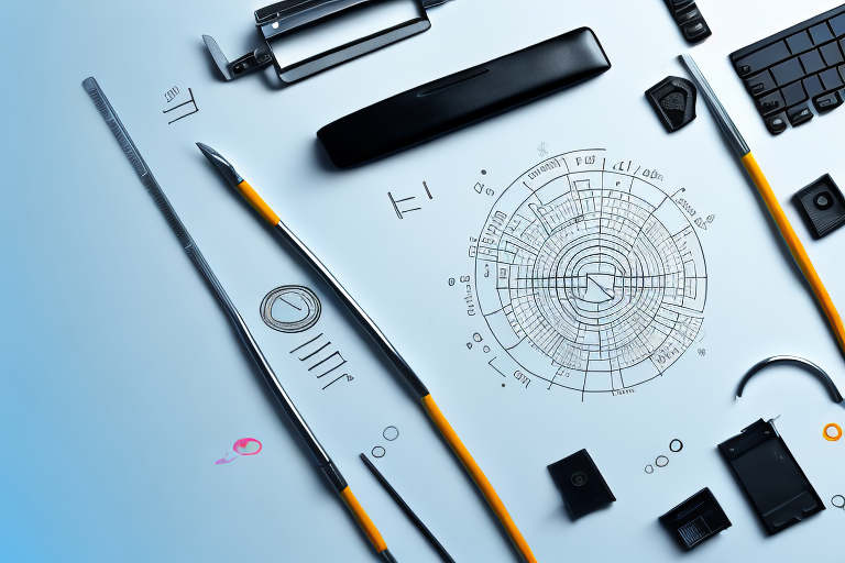 A magnifying glass hovering over a variety of tools such as a calculator