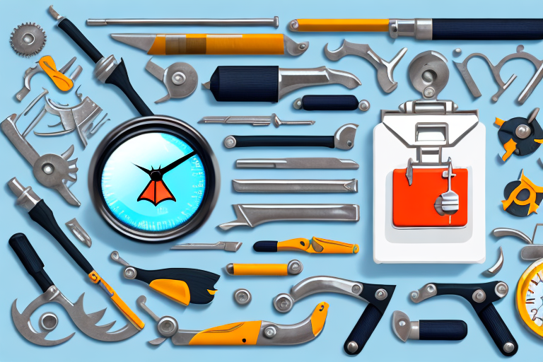 A toolbox overflowing with various tools such as a magnifying glass