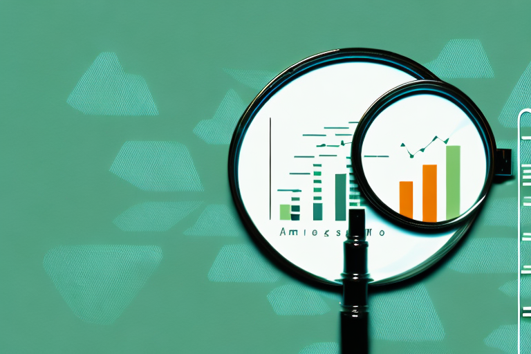 A magnifying glass focusing on a bar graph representing sales