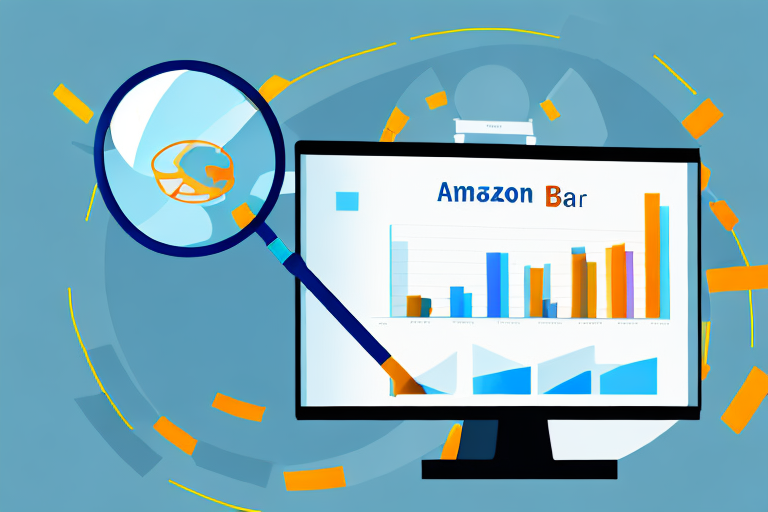 A magnifying glass hovering over a computer screen displaying a bar graph that shows increasing sales