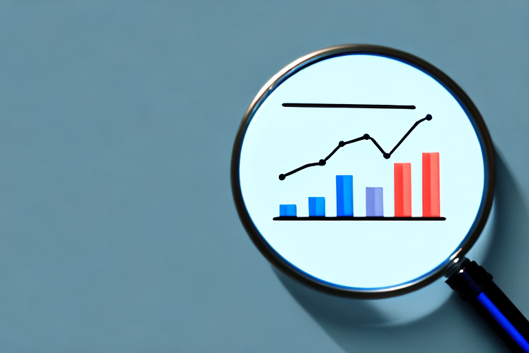 A magnifying glass hovering over a digital tablet displaying a bar graph with upward trend