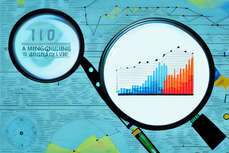 A magnifying glass focusing on a bar chart with rising sales figures