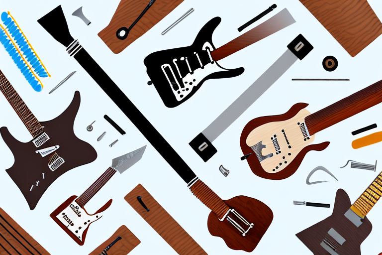 Various guitar luthier tools such as a fret rocker