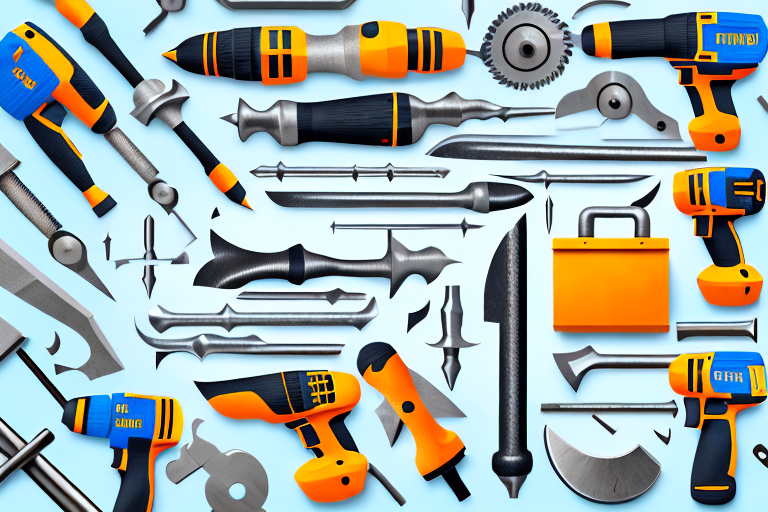 Various tools and hardware items such as a hammer