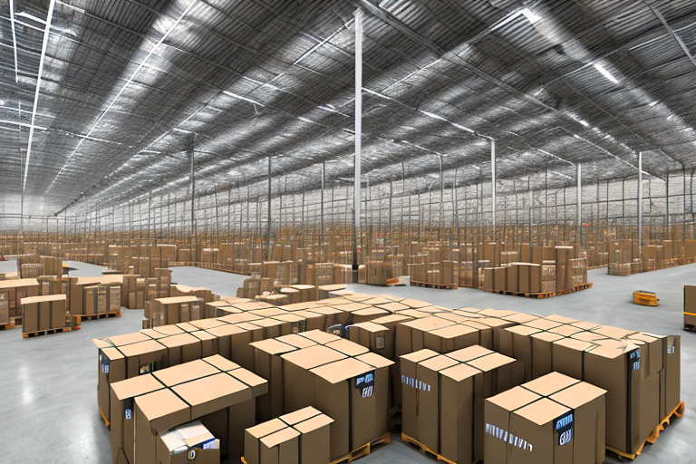 A warehouse with amazon boxes being sorted by conveyor belts and drones