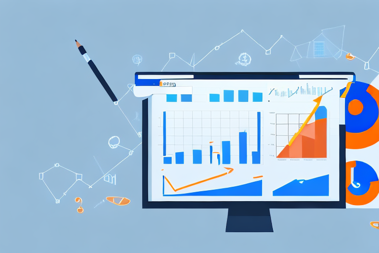 A stylized computer displaying various accounting tools such as charts