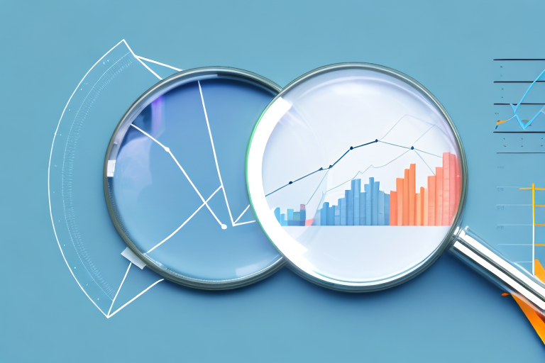 A magnifying glass over an amazon box surrounded by ascending bar graphs