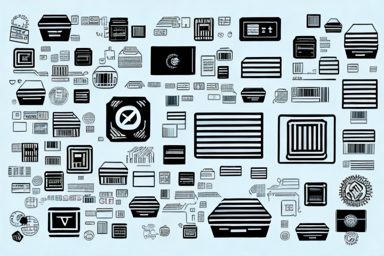 Various shipping boxes with barcodes and a computer screen displaying a digital interface of shipping tools