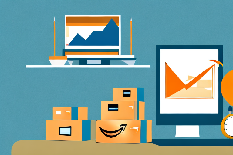 A stack of books next to a computer displaying a bar graph and a box labeled with a shipping tag