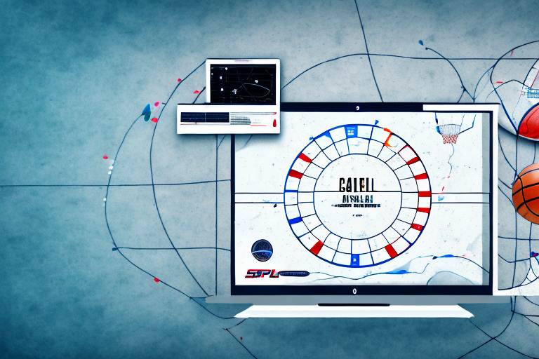 A basketball court with various strategic tools like charts