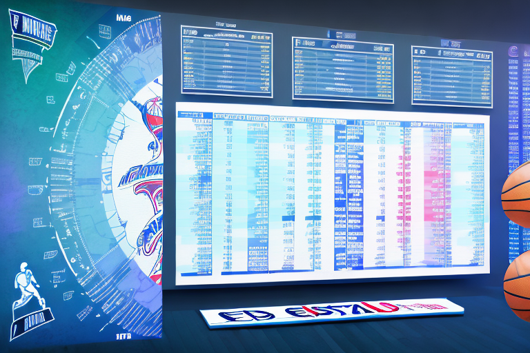 A fantasy basketball board with various statistical charts and a computer screen displaying espn's fba tools projections