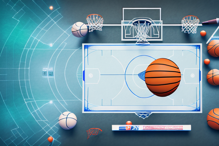 A fantasy basketball court with various digital tools like charts