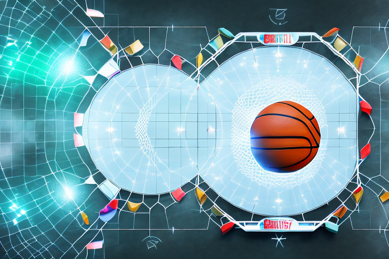 A fantasy basketball court with digital tools like charts