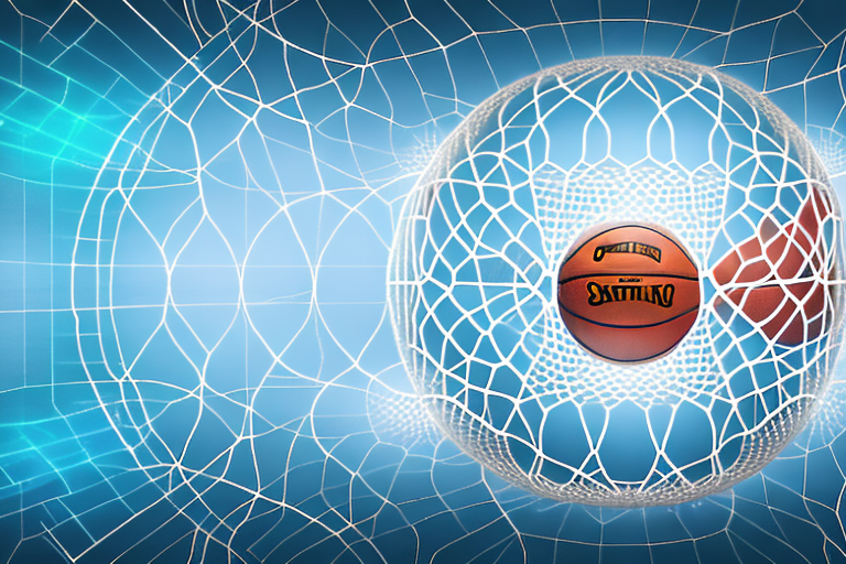 A fantasy basketball court with various digital tools like charts