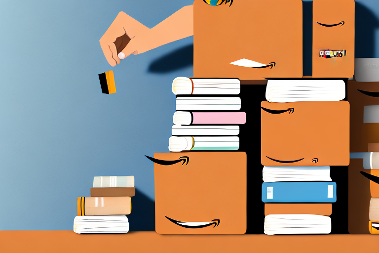 A stack of books next to an amazon-branded shipping box